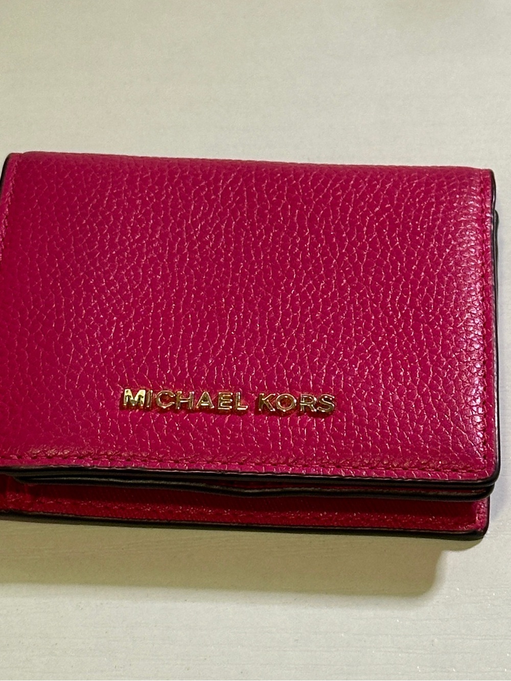 Michael Kors Hot Pink Pebbled Leather Card Holder with Gold Logo